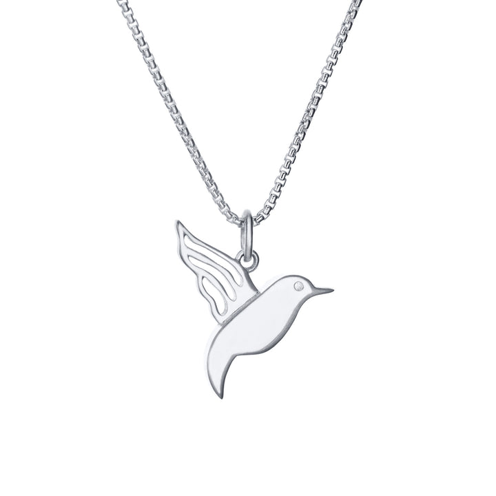 Close-up, back view of Close By Me's Hummingbird Cremation Necklace in 14K White Gold against a solid white background.