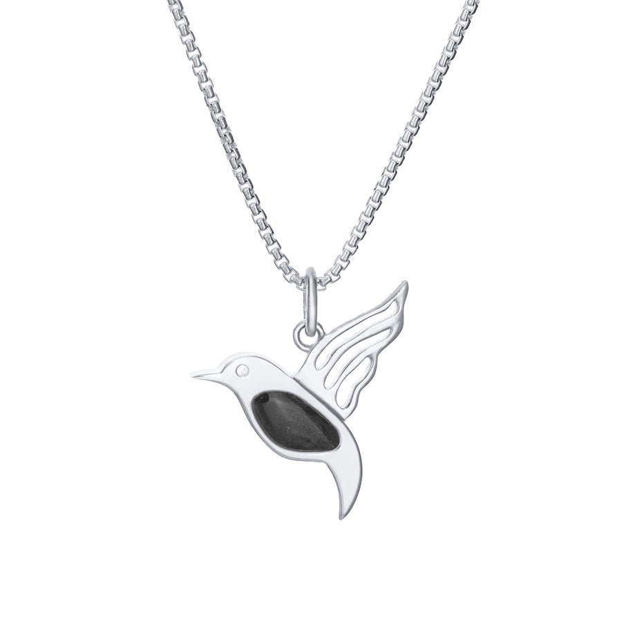 Close-up, front view of Close By Me's Hummingbird Cremation Necklace in 14K White Gold against a solid white background.