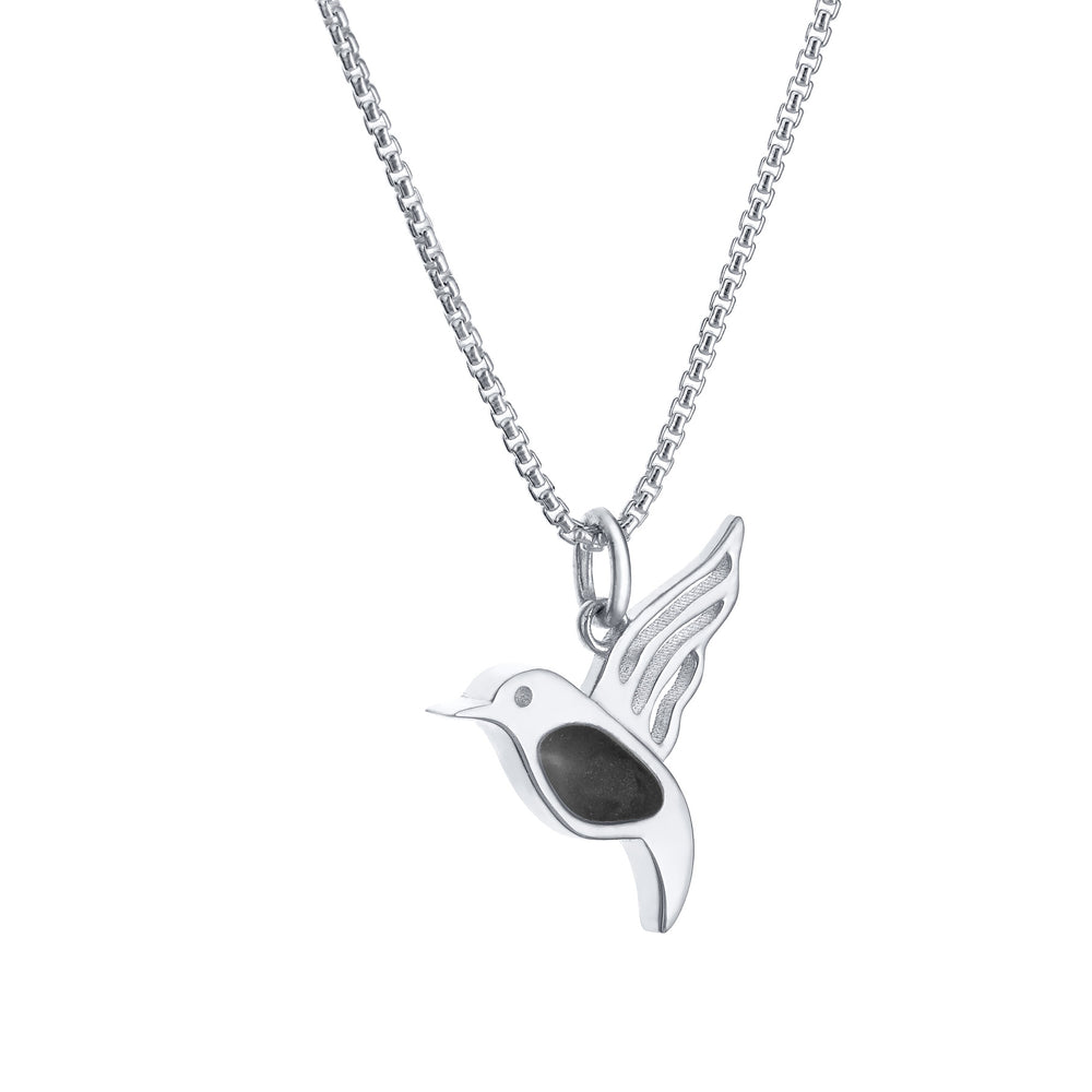 Close-up, side view of Close By Me's Hummingbird Cremation Necklace in 14K White Gold against a solid white background.