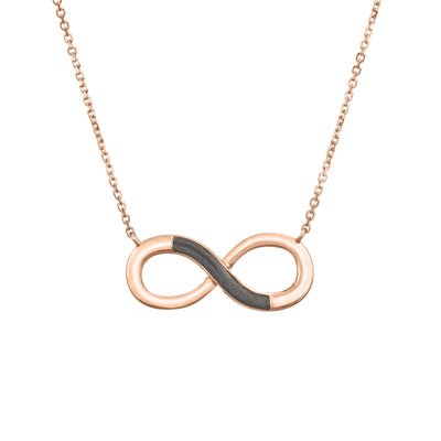 Pictured here is the Infinity Ashes Necklace in 14K Rose Gold by close by me jewelry from the front