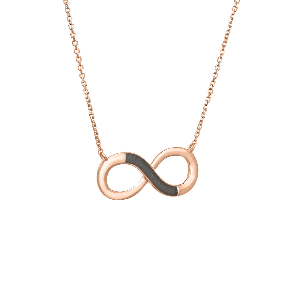 Pictured here is the Infinity Ashes Necklace in 14K Rose Gold by close by me jewelry from the side