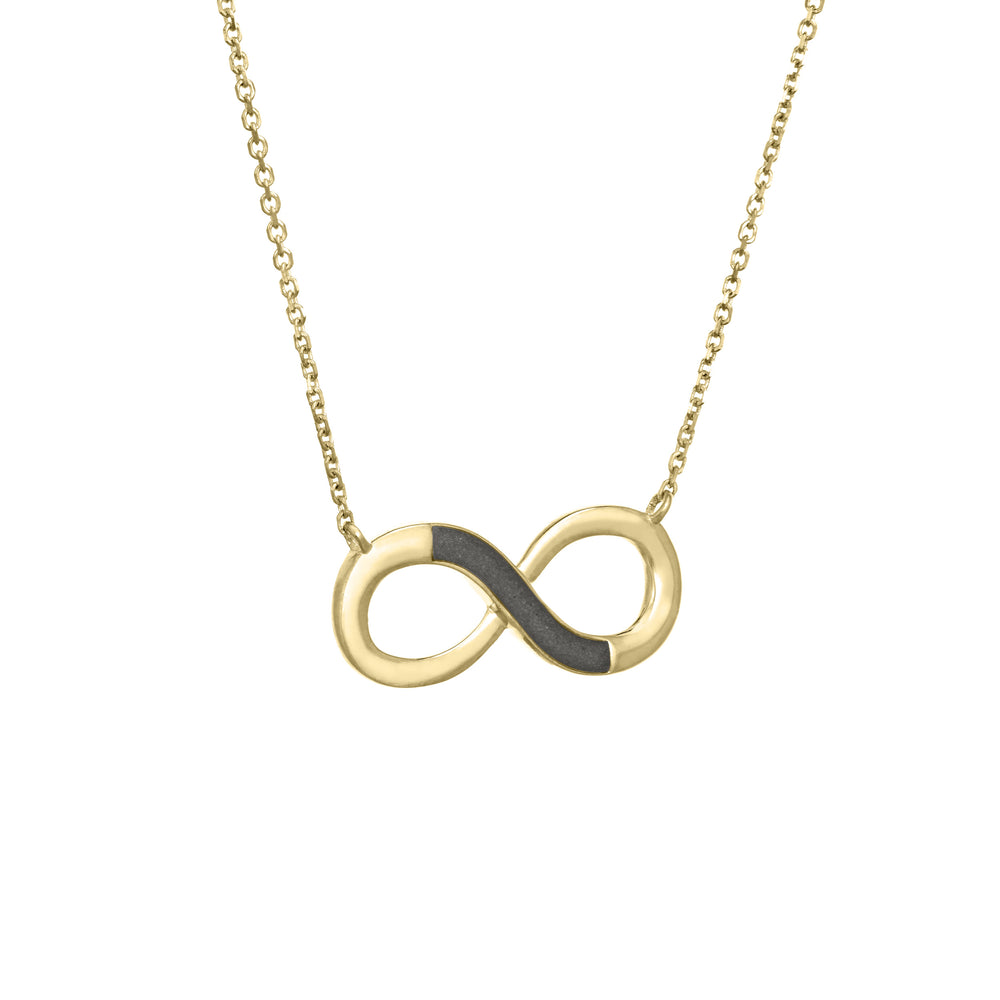 Pictured here is the Infinity Ashes Necklace in 14K Yellow Gold by close by me jewelry from the side