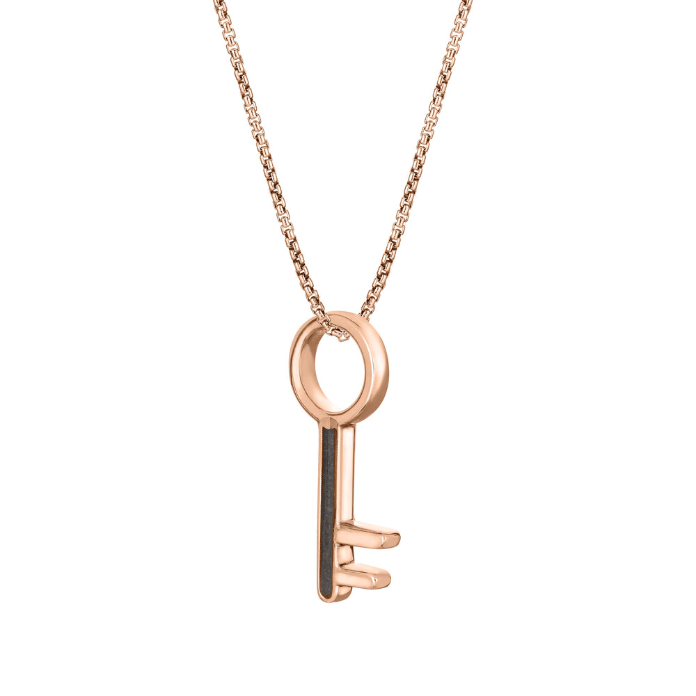 Pictured here is the Key-Shaped Memorial Necklace designed by close by me jewelry in 14K Rose Gold from the side