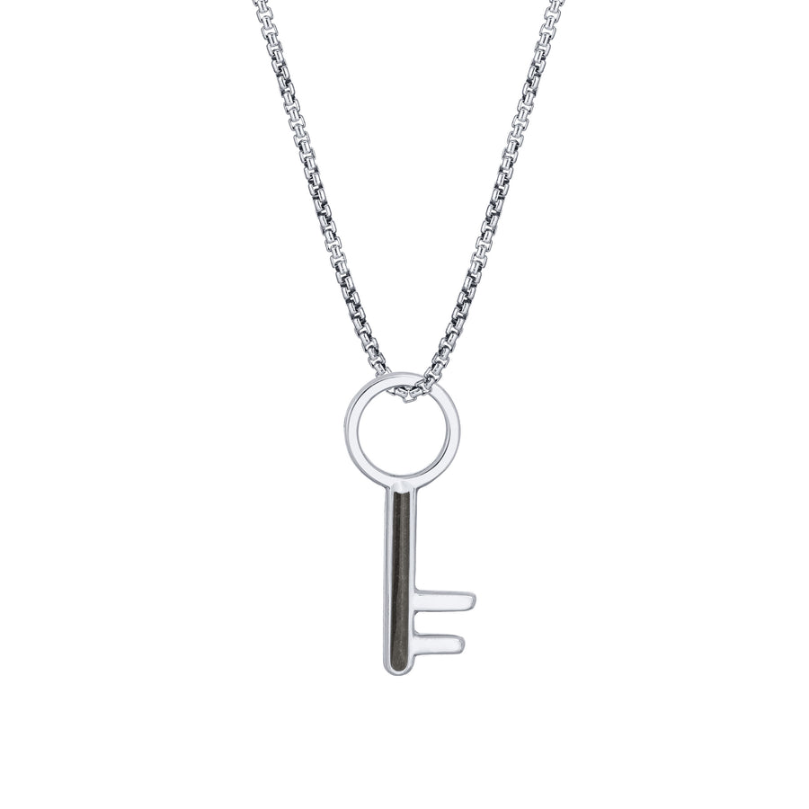 Pictured here is the Key-Shaped Cremation Necklace designed by close by me jewelry in 14K White Gold from the front