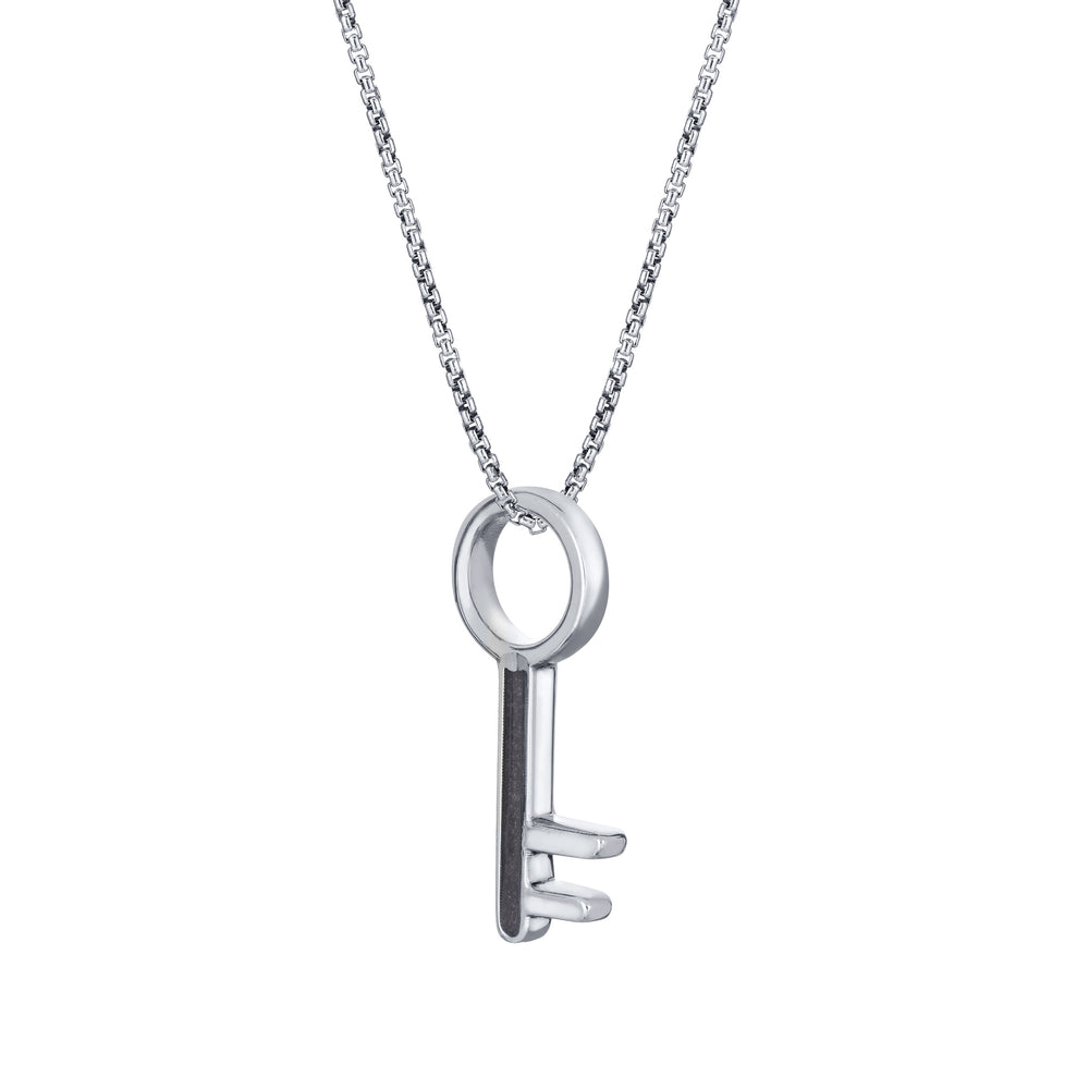 Pictured here is the Key-Shaped Cremation Necklace designed by close by me jewelry in 14K White Gold from the side
