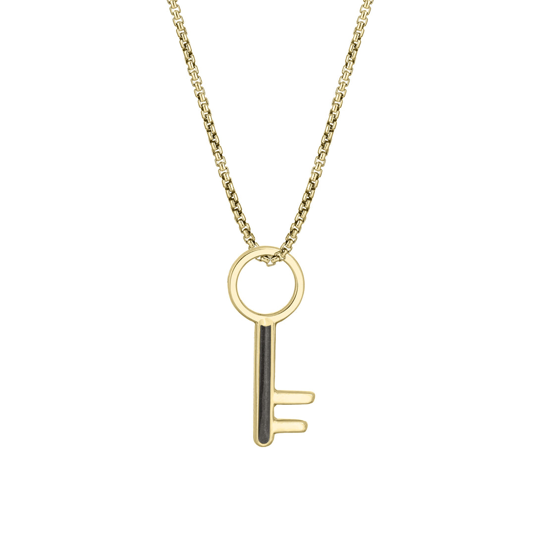 Pictured here is the Key-Shaped Cremated Remains Necklace designed by close by me jewelry in 14K Yellow Gold from the front