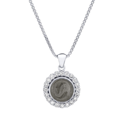 Close-up, front view of Close By Me's Large Diamond Halo Cremation Necklace in 14K White Gold with White Diamonds, set against a solid white background.