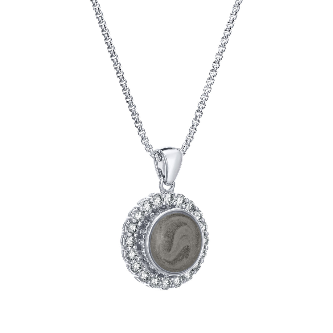 Close-up, side view of Close By Me's Large Diamond Halo Cremation Necklace in 14K White Gold with White Diamonds, set against a solid white background.