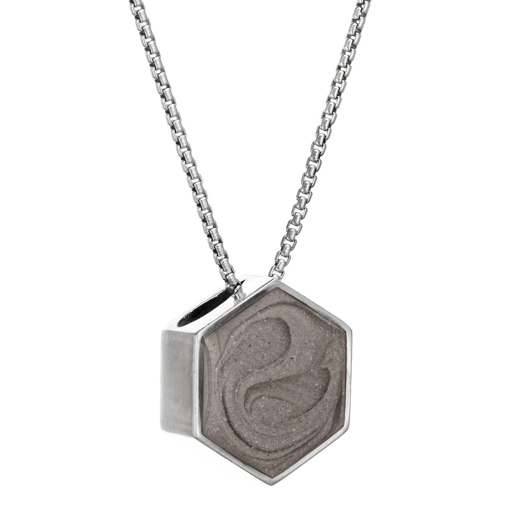 The Large Hexagon Sliding Memorial Necklace in Sterling Silver designed by close by me jewelry from the side