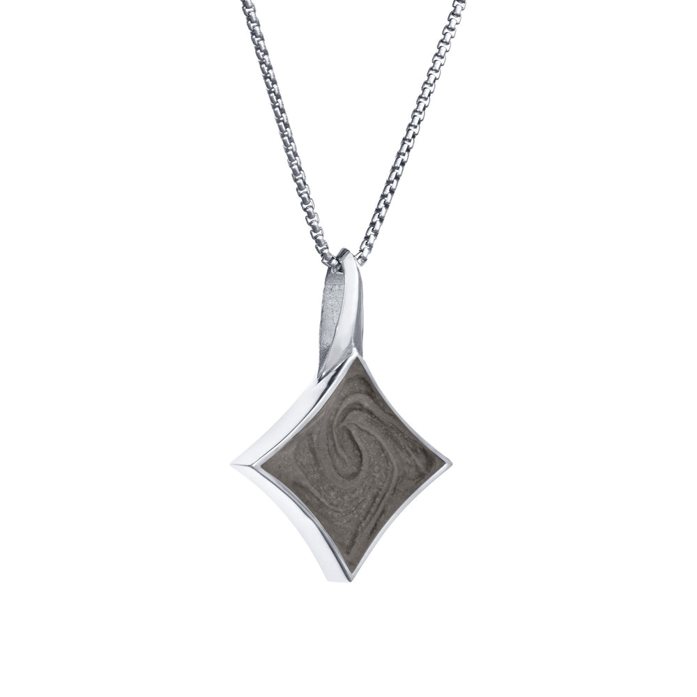 A close-up side view of Close By Me Jewelry's Large Luminary Cremation Pendant in Sterling Silver, set against a solid white background.