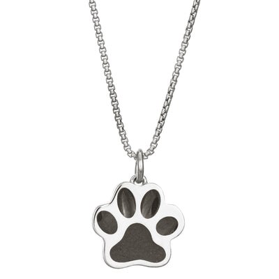 This photo shows the Large Paw Print Cremated Remains Necklace design in Sterling Silver by close by me jewelry from the front