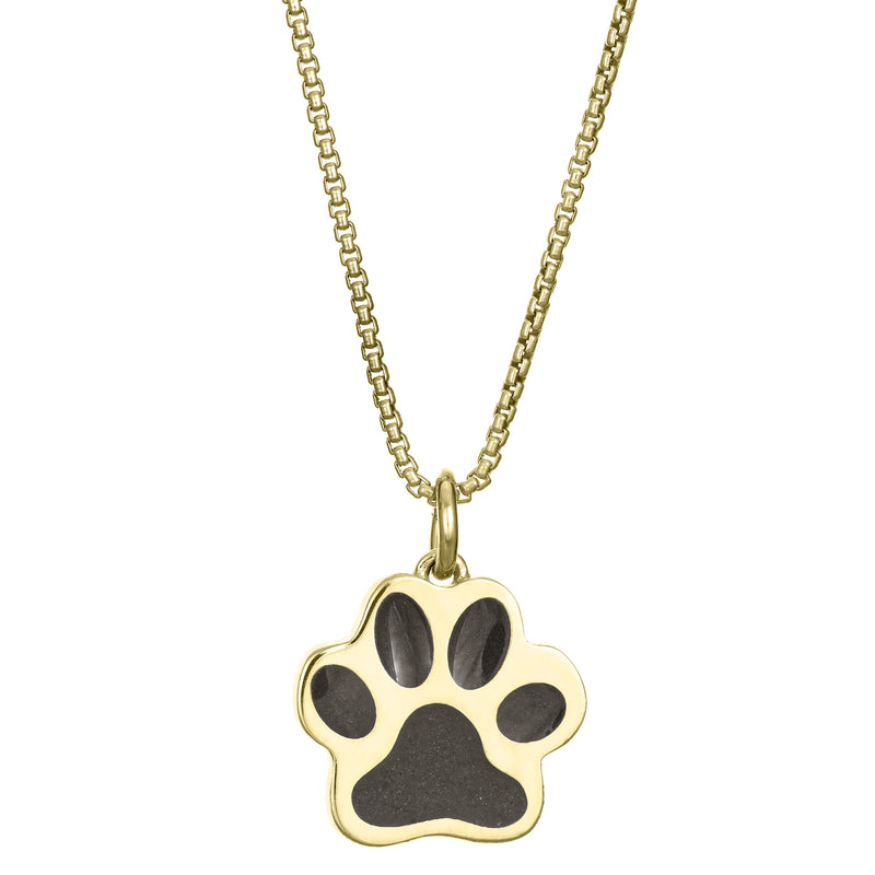 This photo shows the Large Paw Print Cremated Remains Necklace design in 14K Yellow Gold by close by me jewelry from the front