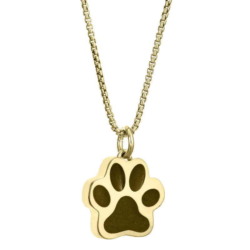 This photo shows the Large Paw Print Cremated Remains Necklace design in 14K Yellow Gold by close by me jewelry from the side