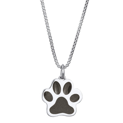 This photo shows the Large Paw Print Cremains Necklace design in 14K White Gold by close by me jewelry from the front