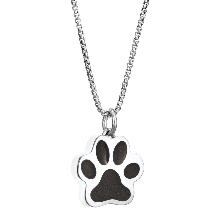 This photo shows the Large Paw Print Cremains Necklace design in 14K White Gold by close by me jewelry from the side