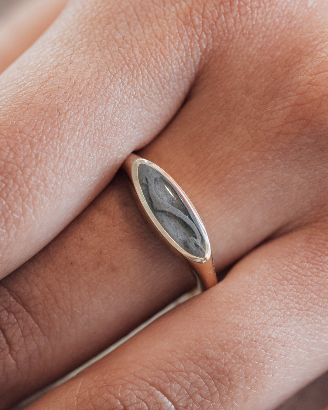 Lateral Marquise Signet Cremation Ring in 14K Yellow Gold