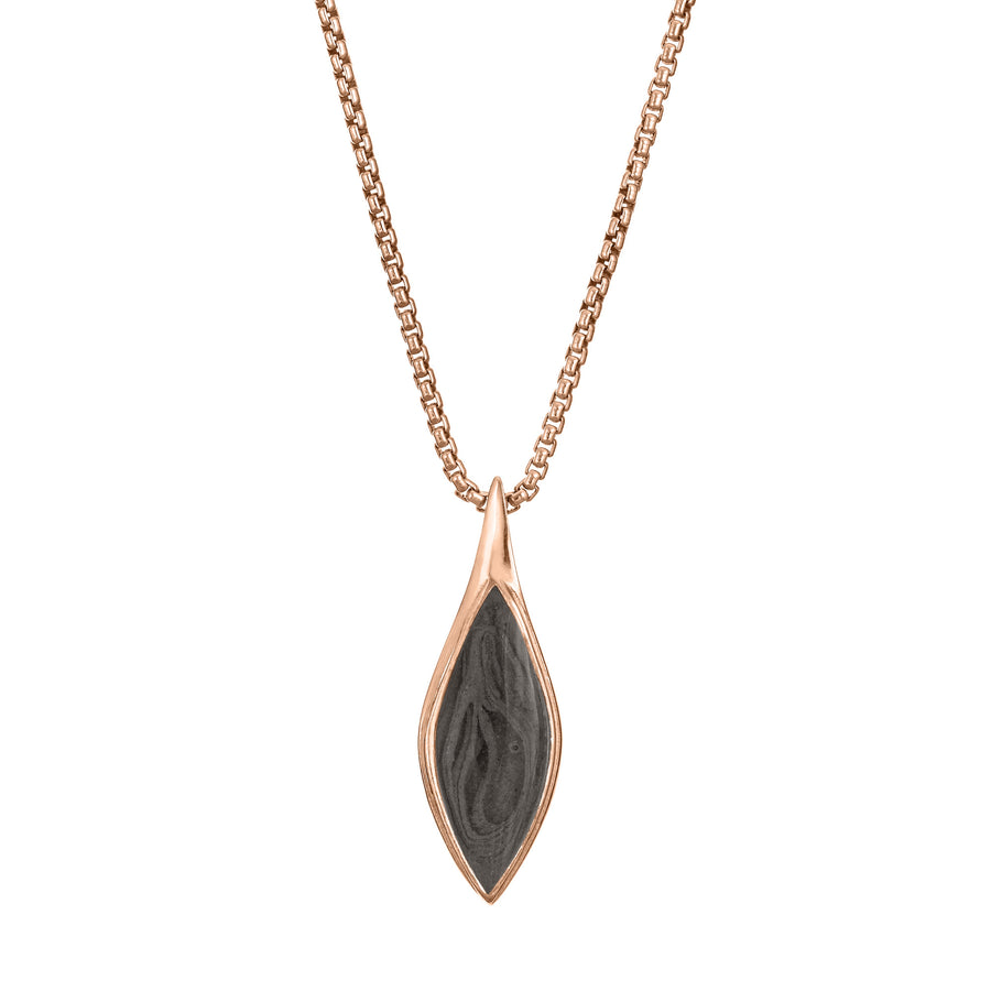 The Leaf Cremation Pendant in 14K Rose Gold, designed and set with ashes by close by me jewelry from the front