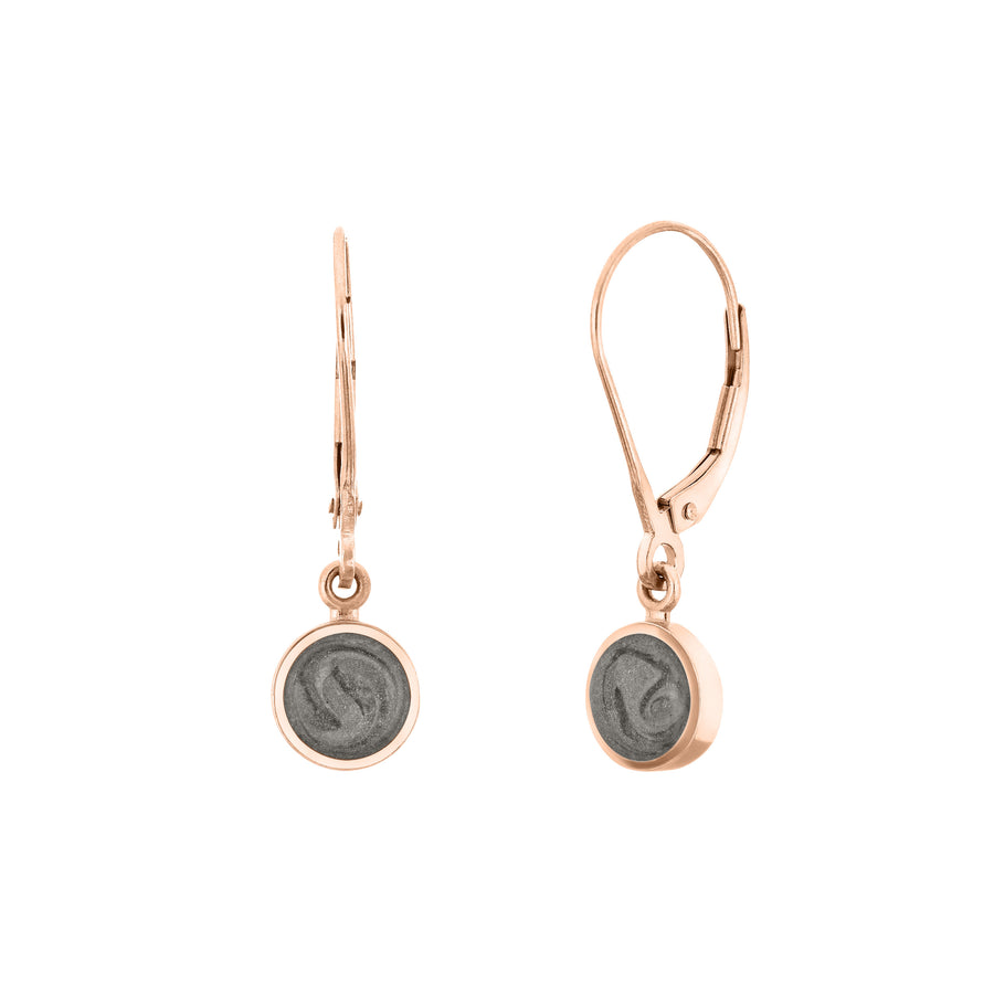 A pair of Close By Me's Lever-Back Dome Cremation Earrings in 14K Rose Gold, set against a solid white background. The left earring is facing front and the right earring is turned partially to the left, allowing a full view of the lever-back component. 