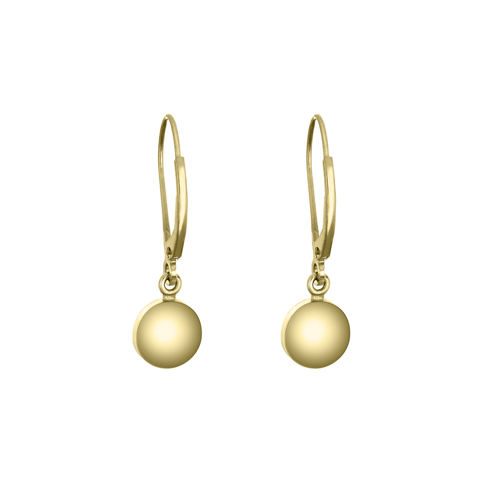 Lever back dome cremation earrings in 14k yellow gold shown from the back