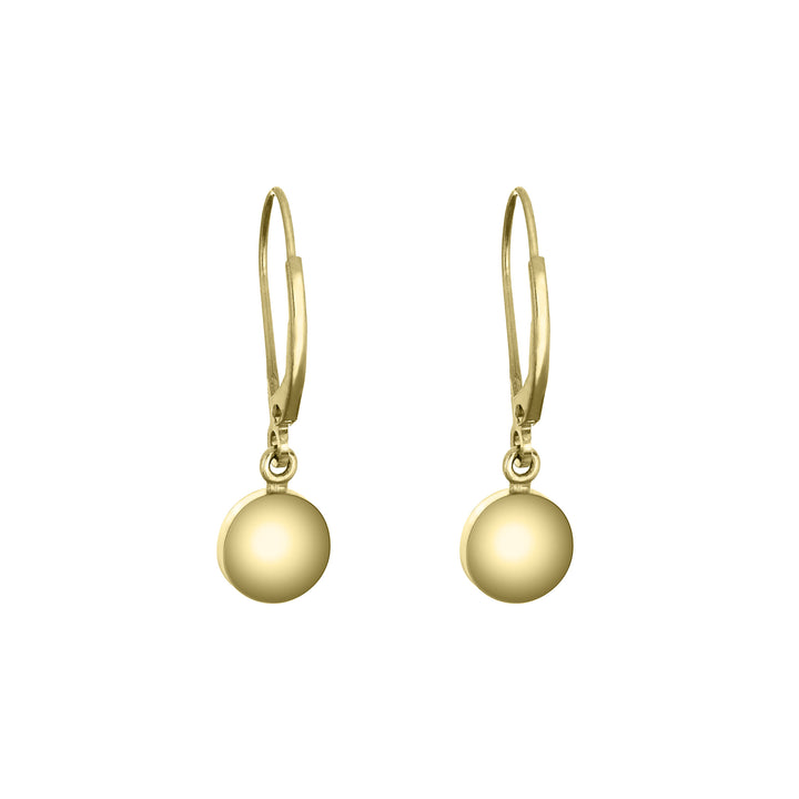 Lever back dome cremation earrings in 14k yellow gold shown from the back