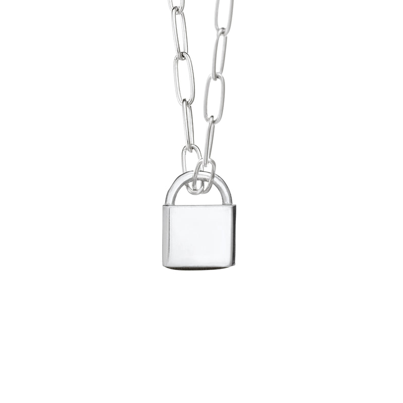 A Lock-style Cremated Remains Necklace with a Stylized Chain with a capital "G" engraved on its front in 14K White Gold by close by me jewelry from the back