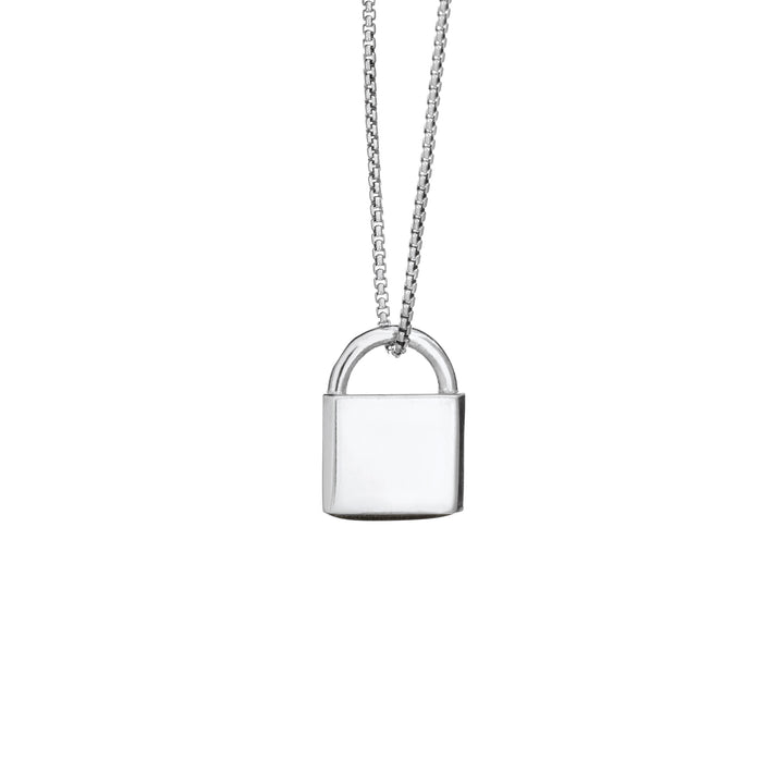 A Lock-style Cremains Pendant with a capital "G" engraved on its front in 14K White Gold by close by me jewelry from the back