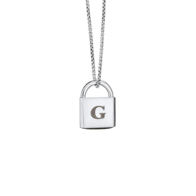 A Lock-style Cremains Pendant with a capital "G" engraved on its front in 14K White Gold by close by me jewelry from the front