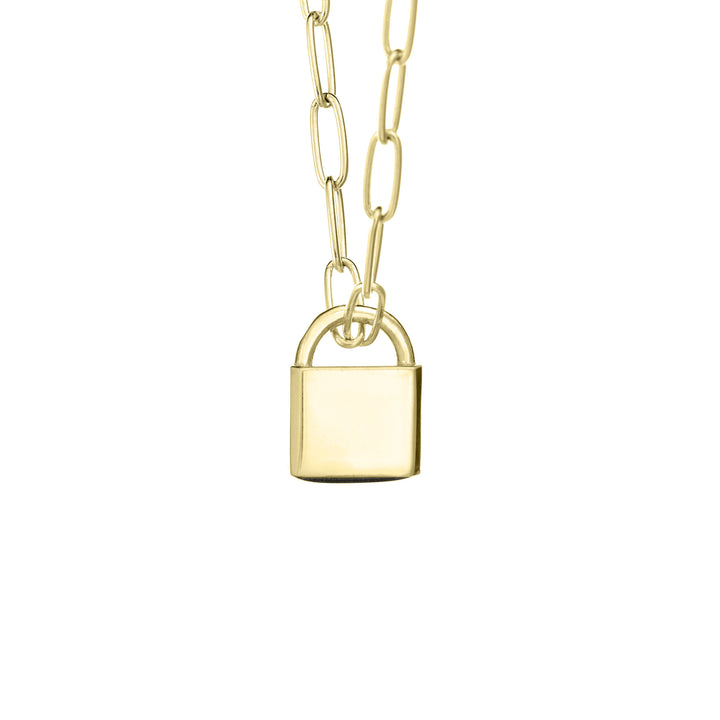 A Lock-style Cremation Necklace with a Stylized Chain with a capital "G" engraved on its front in 14K Yellow Gold by close by me jewelry from the back