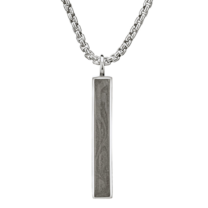 Close-up, front view of Close By Me Jewelry's Long Bar Cremation Pendant in Sterling Silver on the thicker, 2.5mm chain.