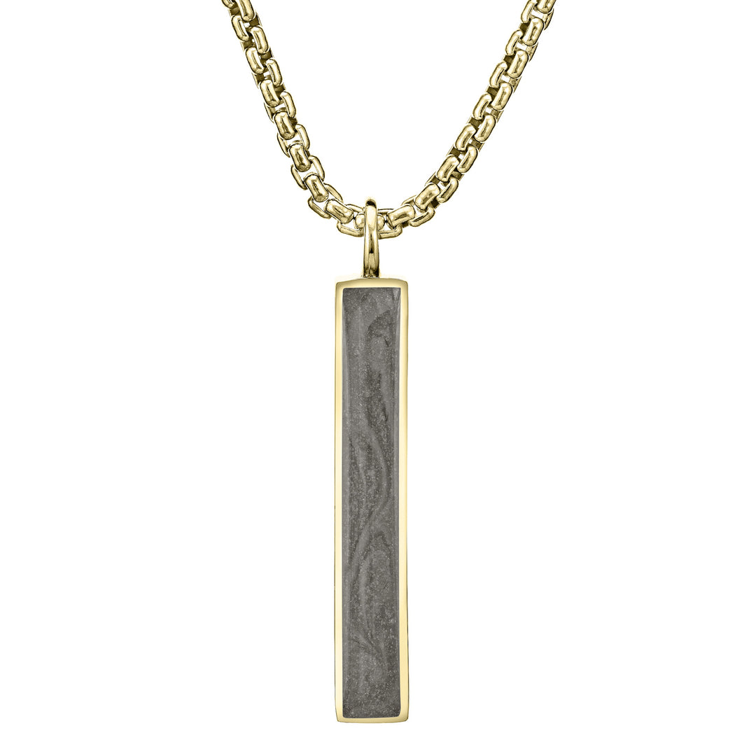 Close-up, front view of Close By Me Jewelry's Long Bar Cremation Pendant in 14K Yellow Gold on the thicker, 2.5mm chain.