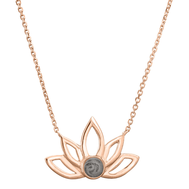 Pictured here is the Lotus Flower Cremation Necklace design by close by me jewelry in 14K Rose Gold from the front