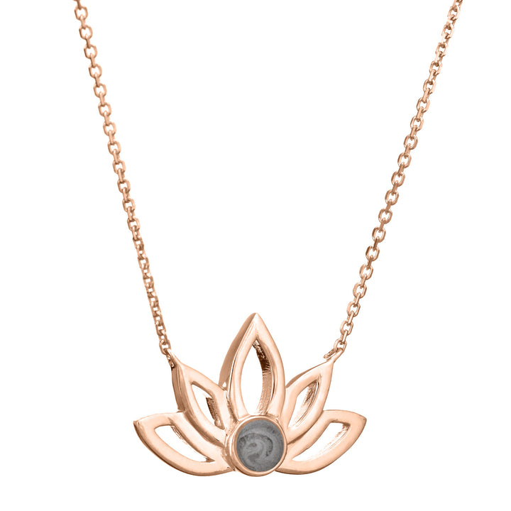 Pictured here is the Lotus Flower Cremation Necklace design by close by me jewelry in 14K Rose Gold from the side
