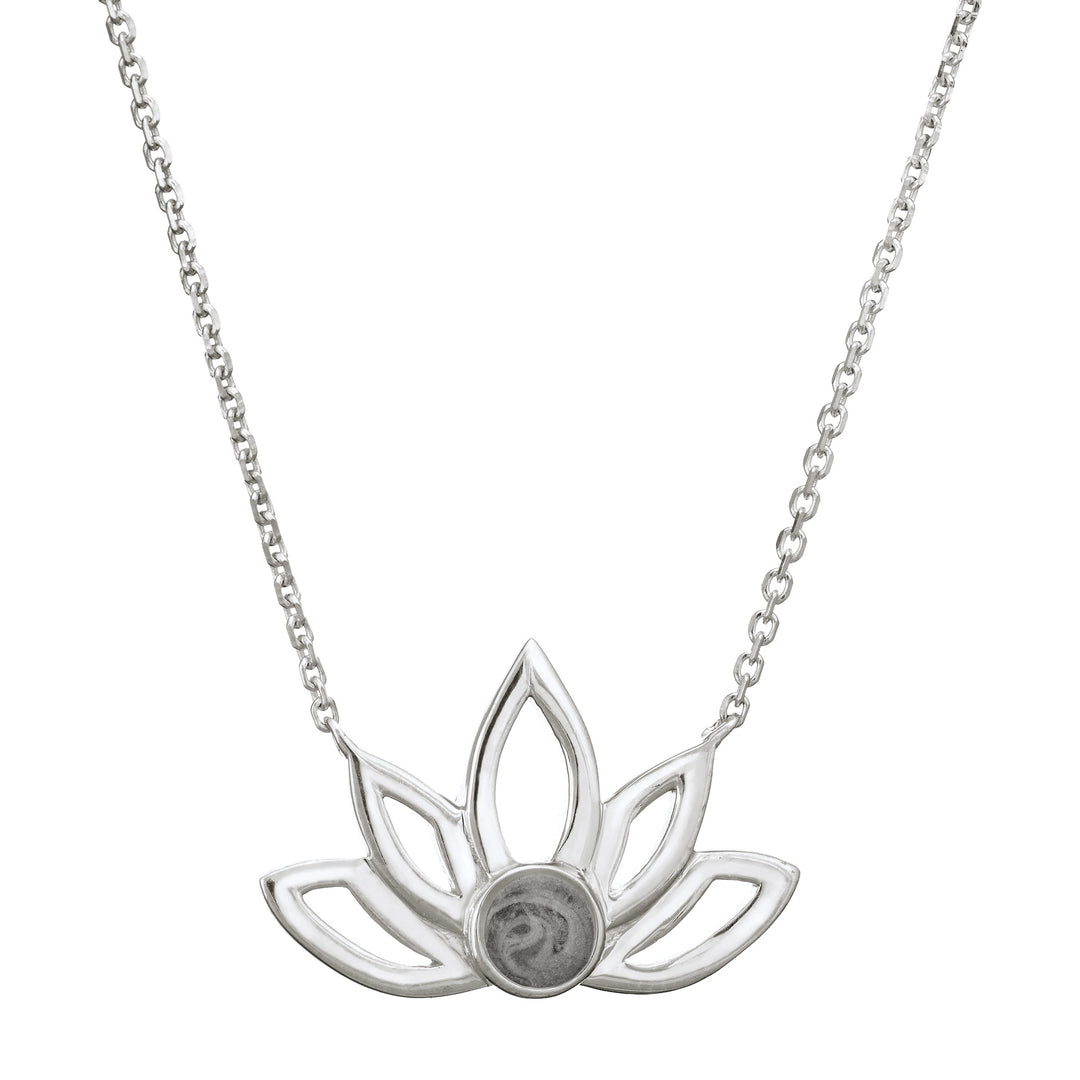 Pictured here is the Lotus Flower Cremation Necklace design by close by me jewelry in Sterling Silver from the front