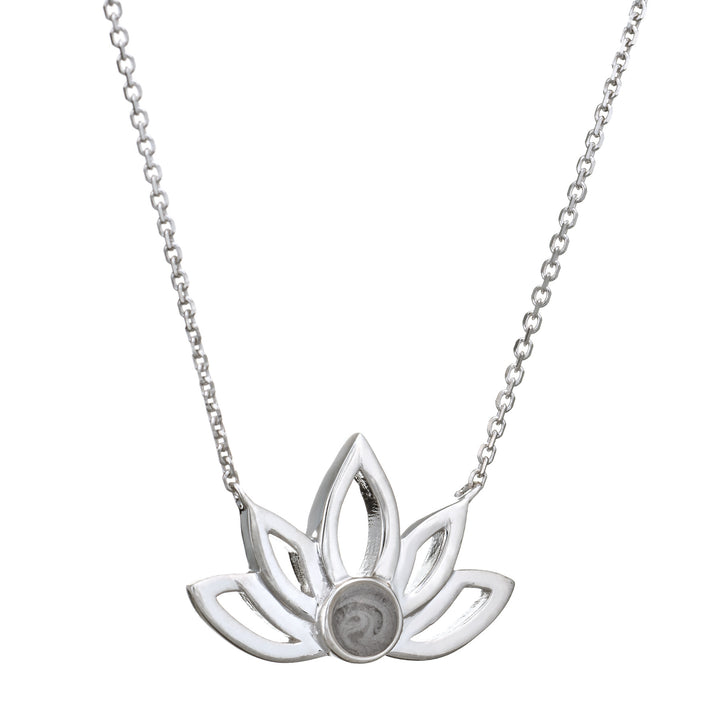 Pictured here is the Lotus Flower Cremation Necklace design by close by me jewelry in Sterling Silver from the side