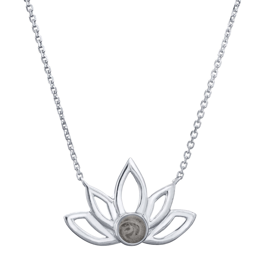 Pictured here is the Lotus Flower Cremains Necklace design by close by me jewelry in 14K White Gold from the front