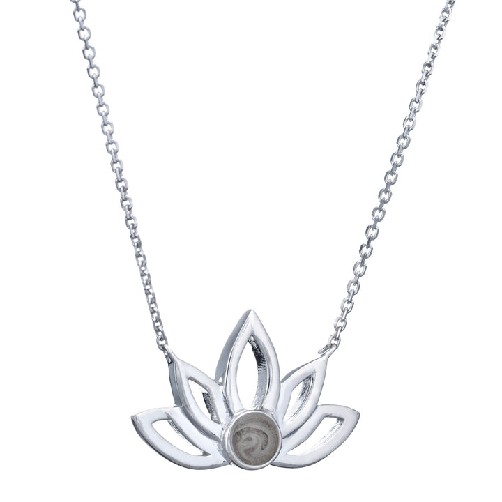 Pictured here is the Lotus Flower Cremains Necklace design by close by me jewelry in 14K White Gold from the side