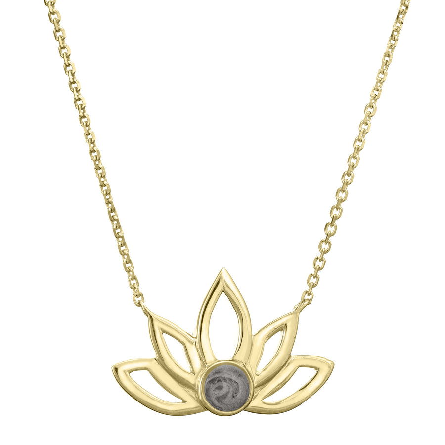Pictured here is the Lotus Flower Ashes Necklace design by close by me jewelry in 14K Yellow Gold from the front