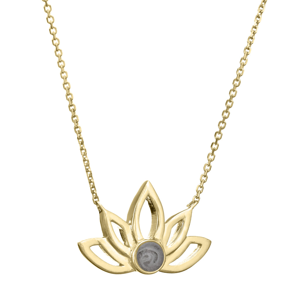 Pictured here is the Lotus Flower Ashes Necklace design by close by me jewelry in 14K Yellow Gold from the side