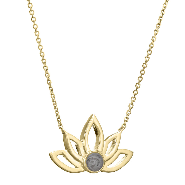 Pictured here is the Lotus Flower Ashes Necklace design by close by me jewelry in 14K Yellow Gold from the side