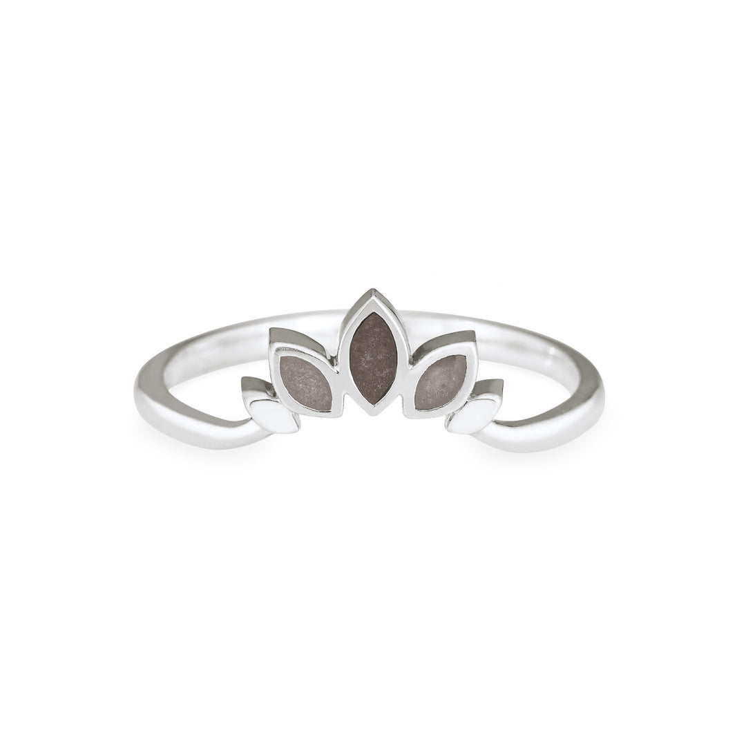 Front view of Close By Me's Lotus Cremation Ring in Sterling Silver against a solid white background. The large, center petal has a dark grey ashes setting, and the smaller petals on either side have medium-grey ashes settings.