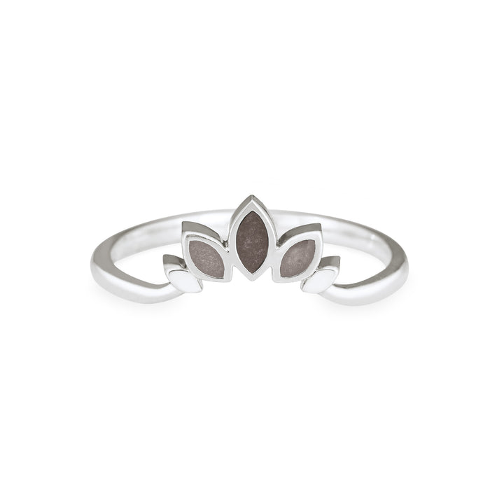 Front view of Close By Me's Lotus Cremation Ring in Sterling Silver against a solid white background. The large, center petal has a dark grey ashes setting, and the smaller petals on either side have medium-grey ashes settings.