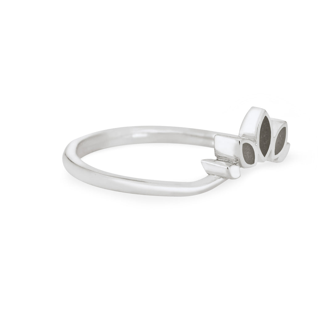 Side view of Close By Me's Lotus Cremation Ring in Sterling Silver against a solid white background.