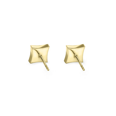 A back view of a pair of Close By Me's Luminary Stud Cremation Earrings in 14K Yellow Gold set against a solid white background.