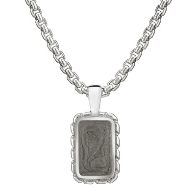 A close-up, front view of Close By Me's medium-sized Cable Cremation Pendant in Sterling Silver, set against a solid white background. It is pictured on a thick chain.