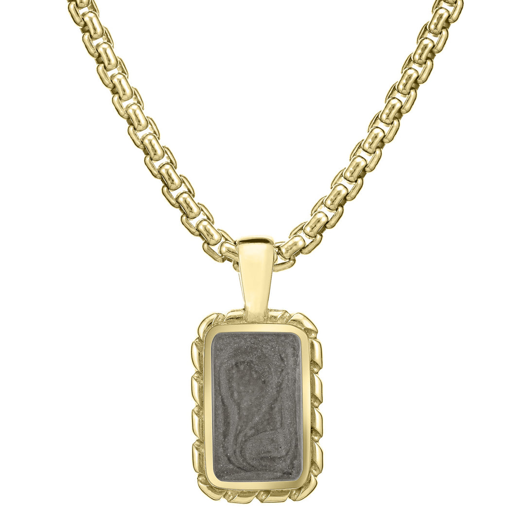 A close-up, front view of Close By Me's medium-sized Cable Cremation Pendant in 14K Yellow Gold, set against a solid white background. It is pictured on a thick chain.