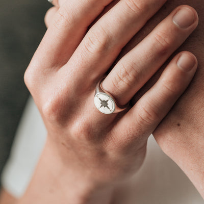 Compass Signet Cremation Ring in Sterling Silver