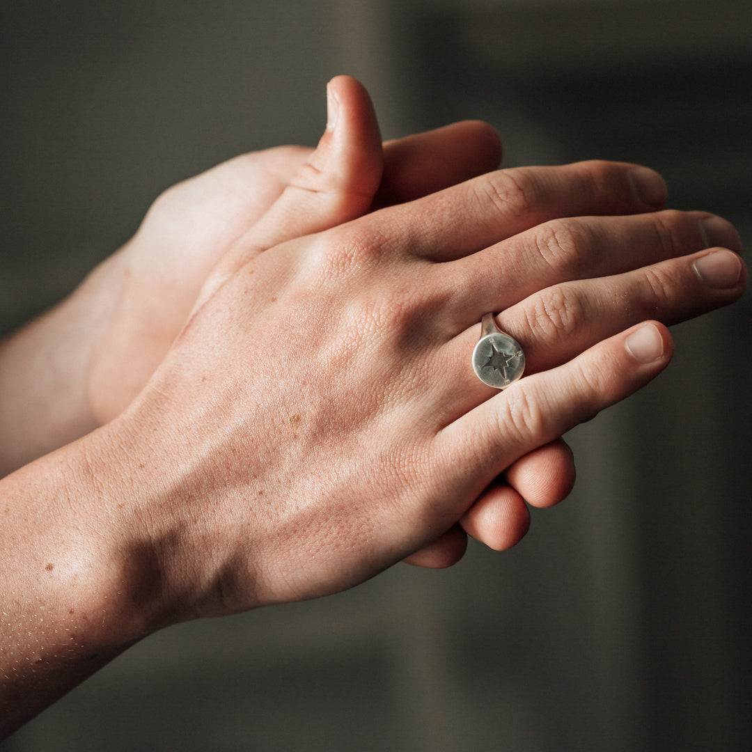 Compass Signet Cremation Ring in Sterling Silver