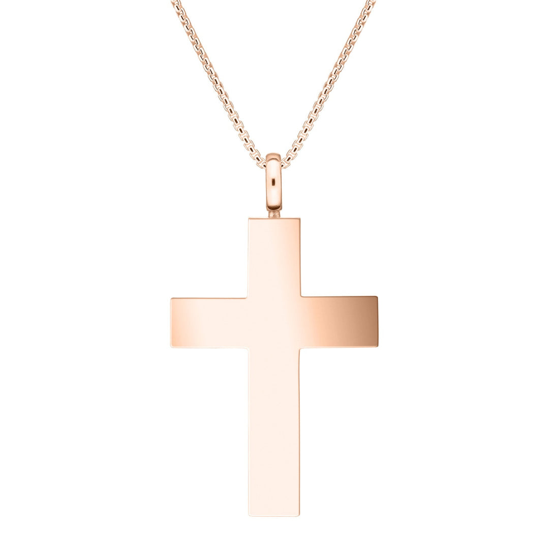 Back view of Close By Me's Men's Cross Cremation Pendant in 14K Rose Gold against a white background.