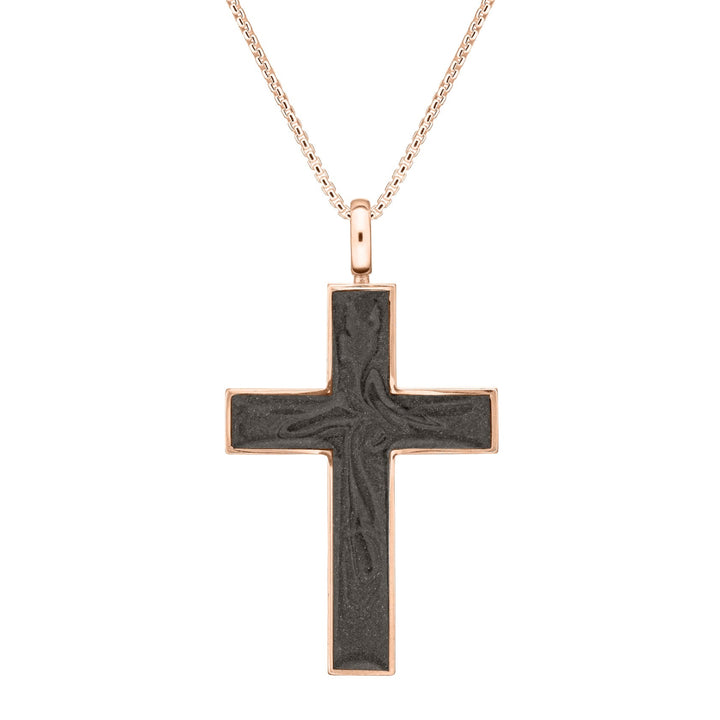 Front view of Close By Me's Men's Cross Cremation Pendant in 14K Rose Gold against a white background.