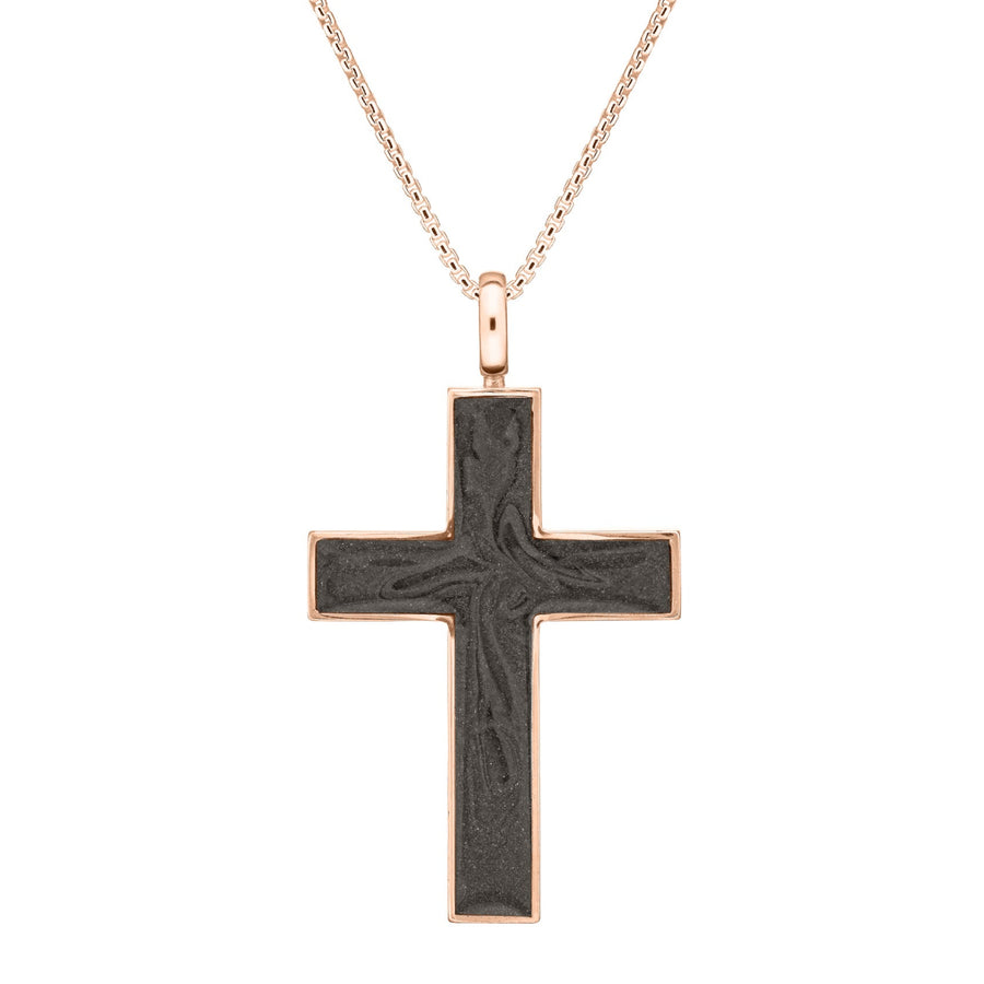 Front view of Close By Me's Men's Cross Cremation Pendant in 14K Rose Gold against a white background.